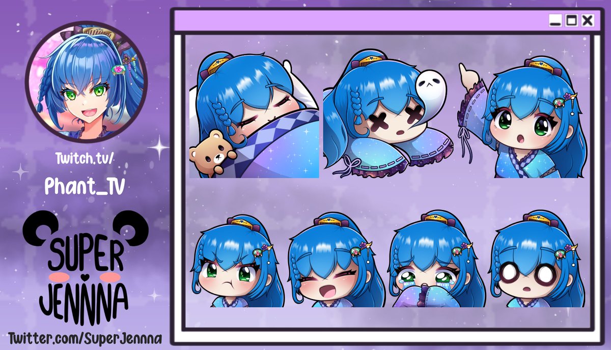 SuperJennna's tweet photo. Even more kimono style emotes I drew for @HollywoodPhant! Some of my best ones yet imo, I hope people like them 💙 https://t.co/tnuhTCWw2W