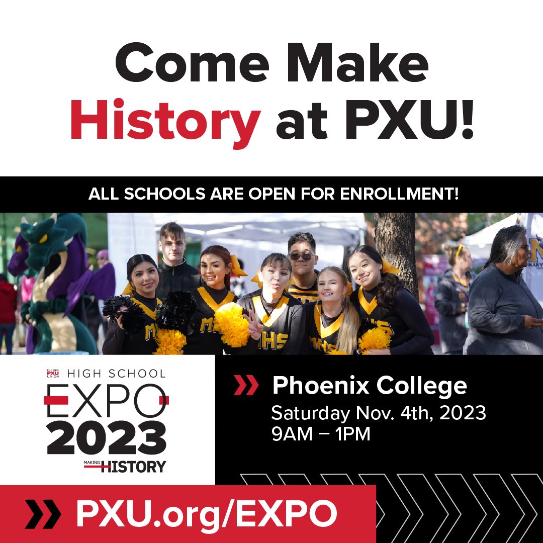 It is almost time for PXU’s annual EXPO 🤩🔥! Join us on Saturday, Nov. 4 from 9 AM to 1 PM to discover how you can make history at one of PXU’s 24 incredible schools 👏 Win prizes, see performances, & have fun while preparing for your future. Visit PXU.org/EXPO 💻