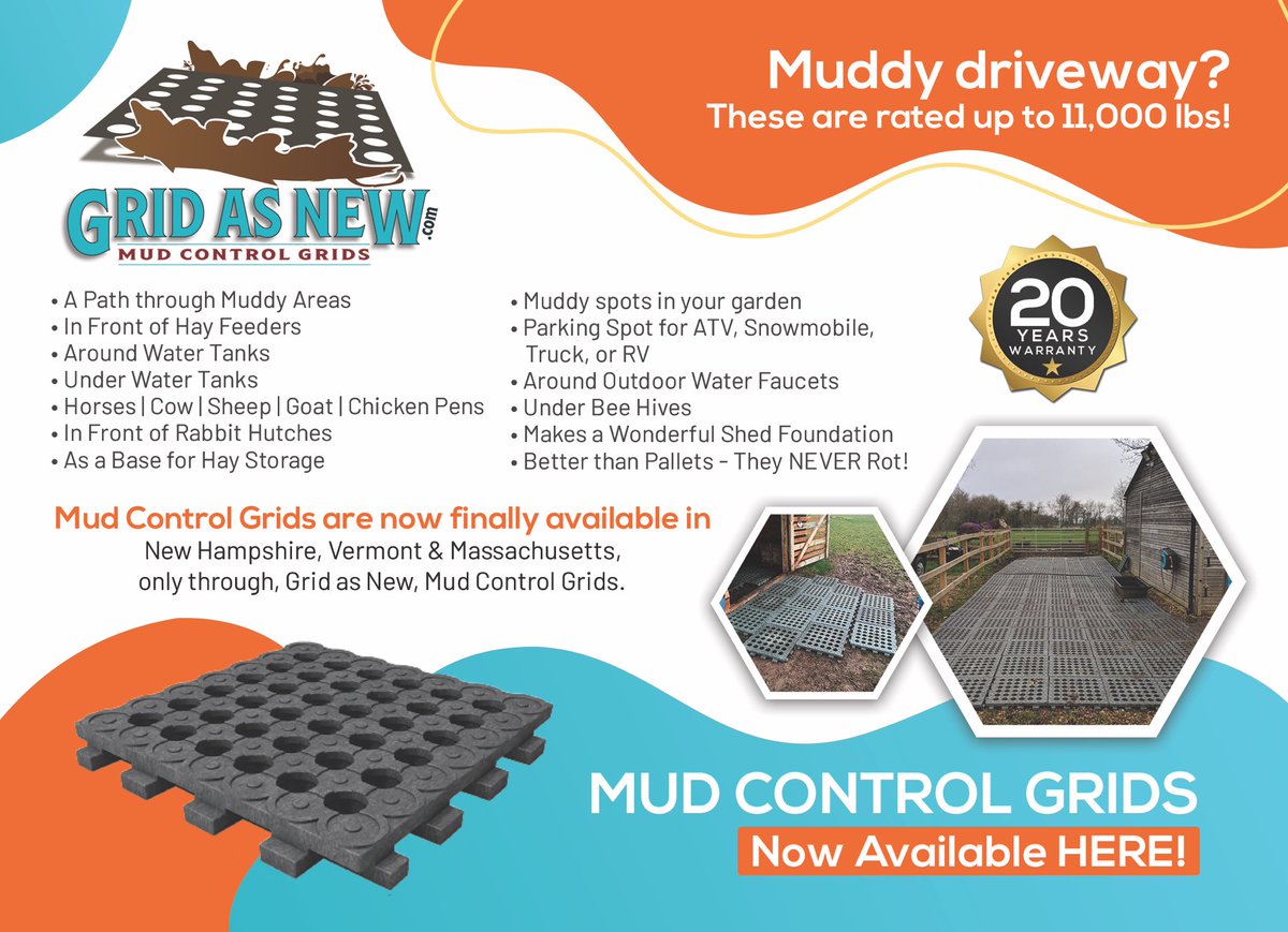 We’re heading into Fall &amp; Winter #MudSeason here in New England. If you need some support around your farm, #MudControlGrids can do the trick. 
-&gt; Made from 100% Recycled AND recyclable. 
-&gt; 20-Year Manufacturer Warranty. 
Call or email us for more info, check out our website for