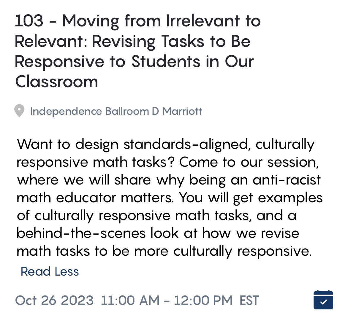Nichole Campbell (@ncampbell_math) on Twitter photo Excited to be at #NCTMDC23 where I can be in community with so many amazing math leaders.
Come check out <a href="/beske3/">Barbara Beske</a> and my session (#103) tomorrow from 11-12 at Independence Ballroom D Marriott to learn about how to revise math tasks to be responsive to your students. Excited to be at #NCTMDC23 where I can be in community with so many amazing math leaders.
Come check out <a href="/beske3/">Barbara Beske</a> and my session (#103) tomorrow from 11-12 at Independence Ballroom D Marriott to learn about how to revise math tasks to be responsive to your students.