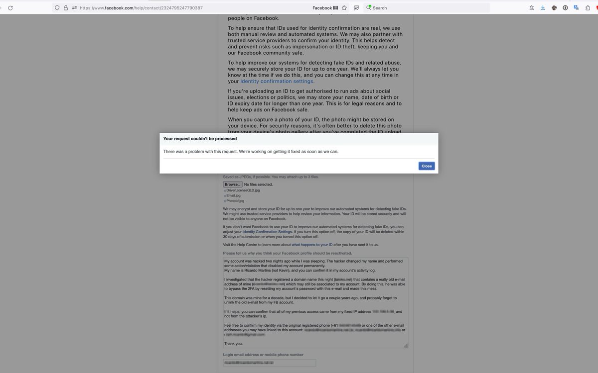 r_martins's tweet photo. @Meta the account recovery page is not working. It seems if your account has been compromised and the hacker make the account disabled, there's nothing you can do. Please advise. #facebookdisabledme #facebookdown https://t.co/TyVpW2FrPt