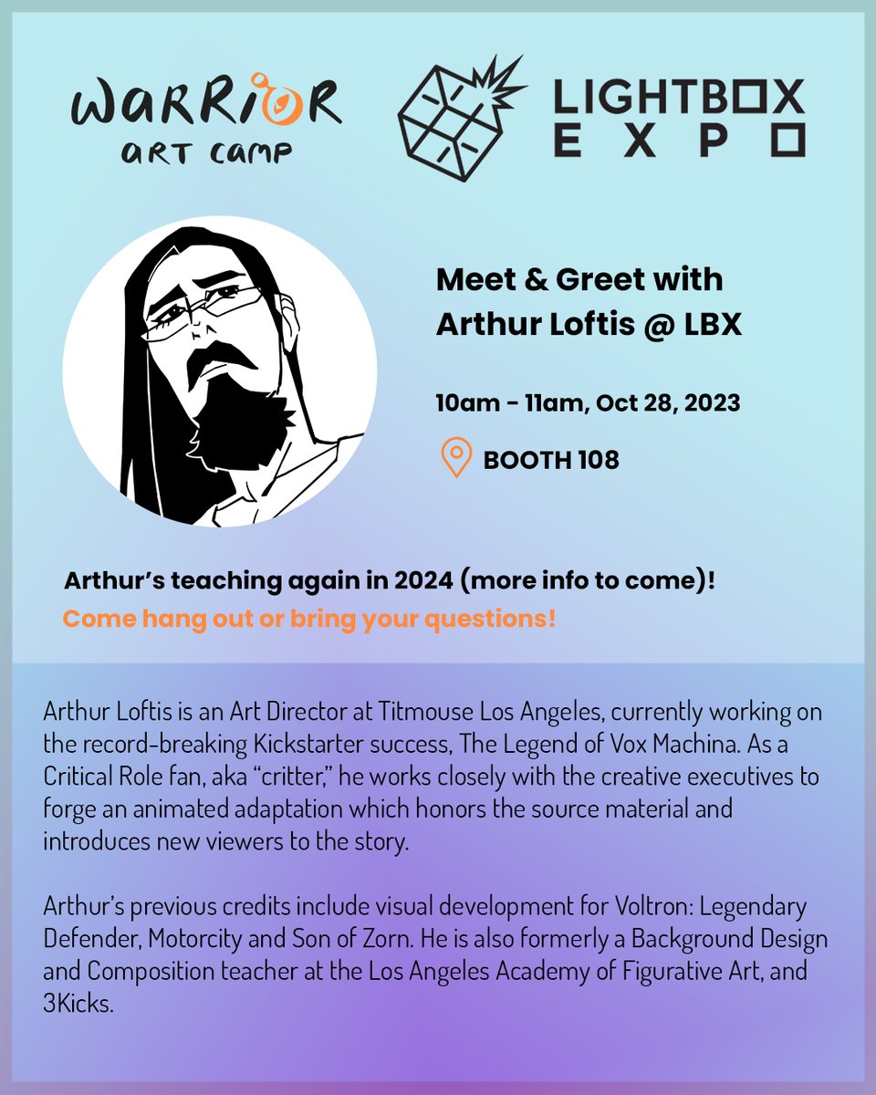 Art Director and 'Critter' @arthurjloftis has been coaching lots of students on their BG Design journey for a few years and he's planning to teach more in 2024 🎉 Join Arthur at 10am on Saturday (10/28) at booth 108 for a Meet & Greet! #LBX2023
