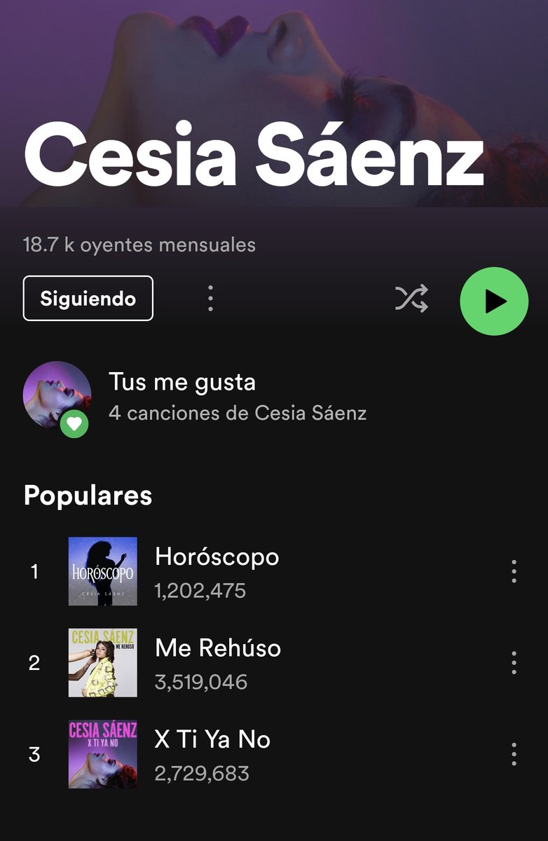 •ACTUALIZACIÓN SPOTIFY✅️
(23 y 24 - OCTUBRE - 2023)

•X TI YA NO💜= aumentó ⬆️15,903 streams. 

•ME REHÚSO💚= aumentó ⬆️16,703 streams. 

•HORÓSCOPO💙= aumentó ⬆️26,128 streams. 

¡Sigue reproduciendo y compartiendo su música!
spotify.link/zwHuXVxecEb