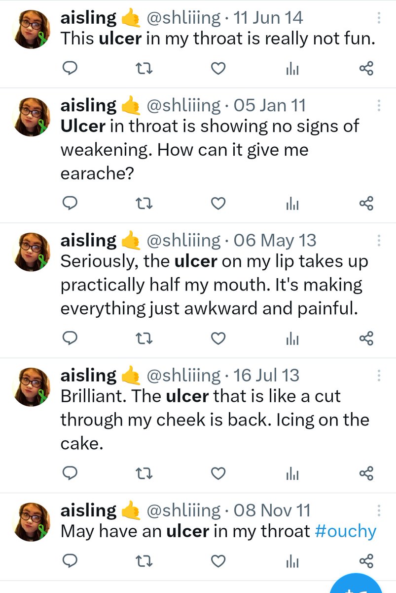 shliiing's tweet photo. I was wondering why I felt so grim and miserable and I realised I have 2 ulcers in my throat. For some reason my instinct was to tweet about it but thought "hmm I think I've done that before" and jesus I'm like a broken record https://t.co/XnhEd4q76E