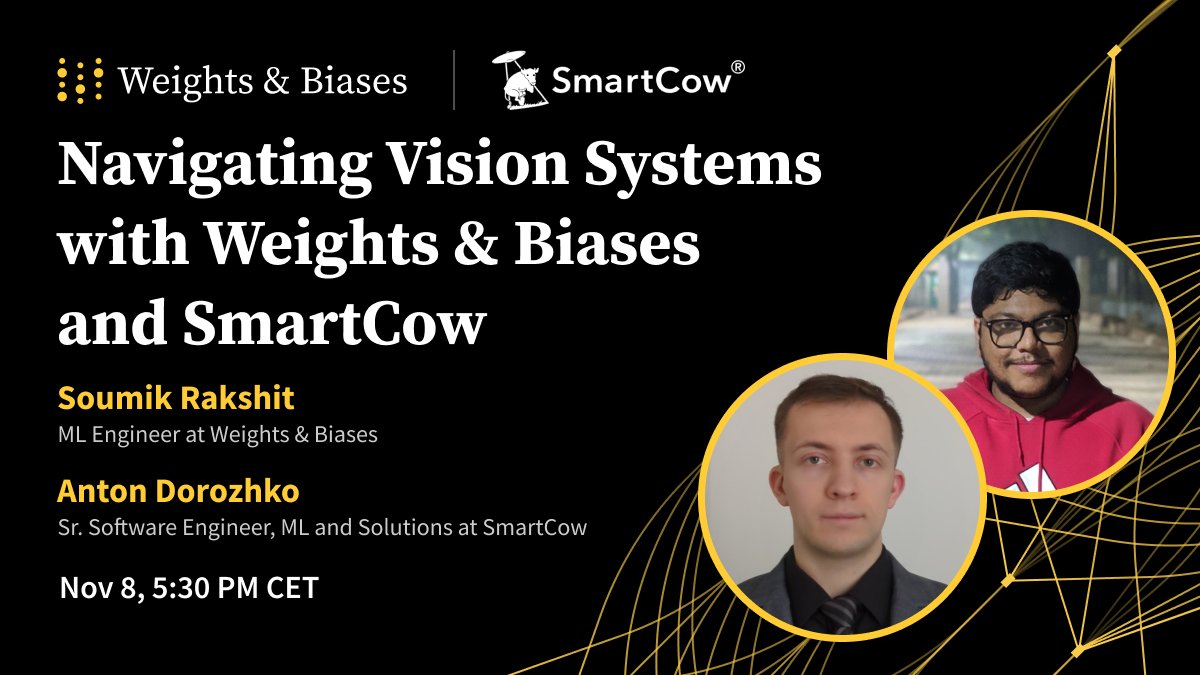 wandb's tweet photo. Dive into AI &amp; computer vision with our virtual session featuring @soumikRakshit96 &amp; @dorozhkoa from @Smartcow_ai.🔬

Learn about Ultralytics, object detection, &amp; more. Don't miss the interactive Q&amp;A!💭 

Reserve your spot now🔗 https://t.co/Mwx2nYCnTB https://t.co/ilQDzI3sXw