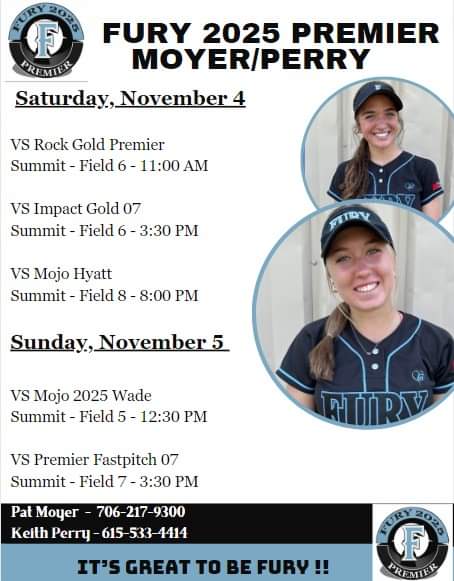 Fury Premier 18U Moyer/Perry (@fury_07) on Twitter photo We are looking forward to starting our Fall season at the Scenic City showcase in 2 weeks. Come check out these talented athletes!
<a href="/CoachMoyer/">Patrick Moyer</a> <a href="/CoachPerry2025/">Keith Perry</a> We are looking forward to starting our Fall season at the Scenic City showcase in 2 weeks. Come check out these talented athletes!
<a href="/CoachMoyer/">Patrick Moyer</a> <a href="/CoachPerry2025/">Keith Perry</a>