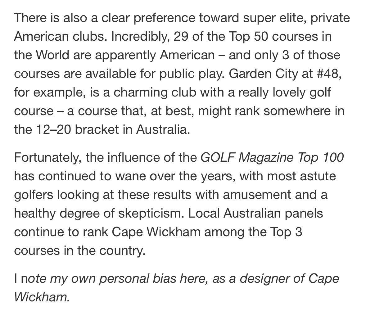 Top100Rick's tweet photo. Wow. Darren Oliver, co-designer of Cape Wickham and proprietor of https://t.co/LD9HC9G0W6 has strong words about the new https://t.co/YJZYrGclRl Top 100 list. 

Agree? Disagree?  

He makes some solid points, including pointing out a clear conflict of interest. (And notes his own.)

I haven’t played Cape Wickham, but to a man every single person I know personally who has played it says it is top 50 in the world at the minimum.