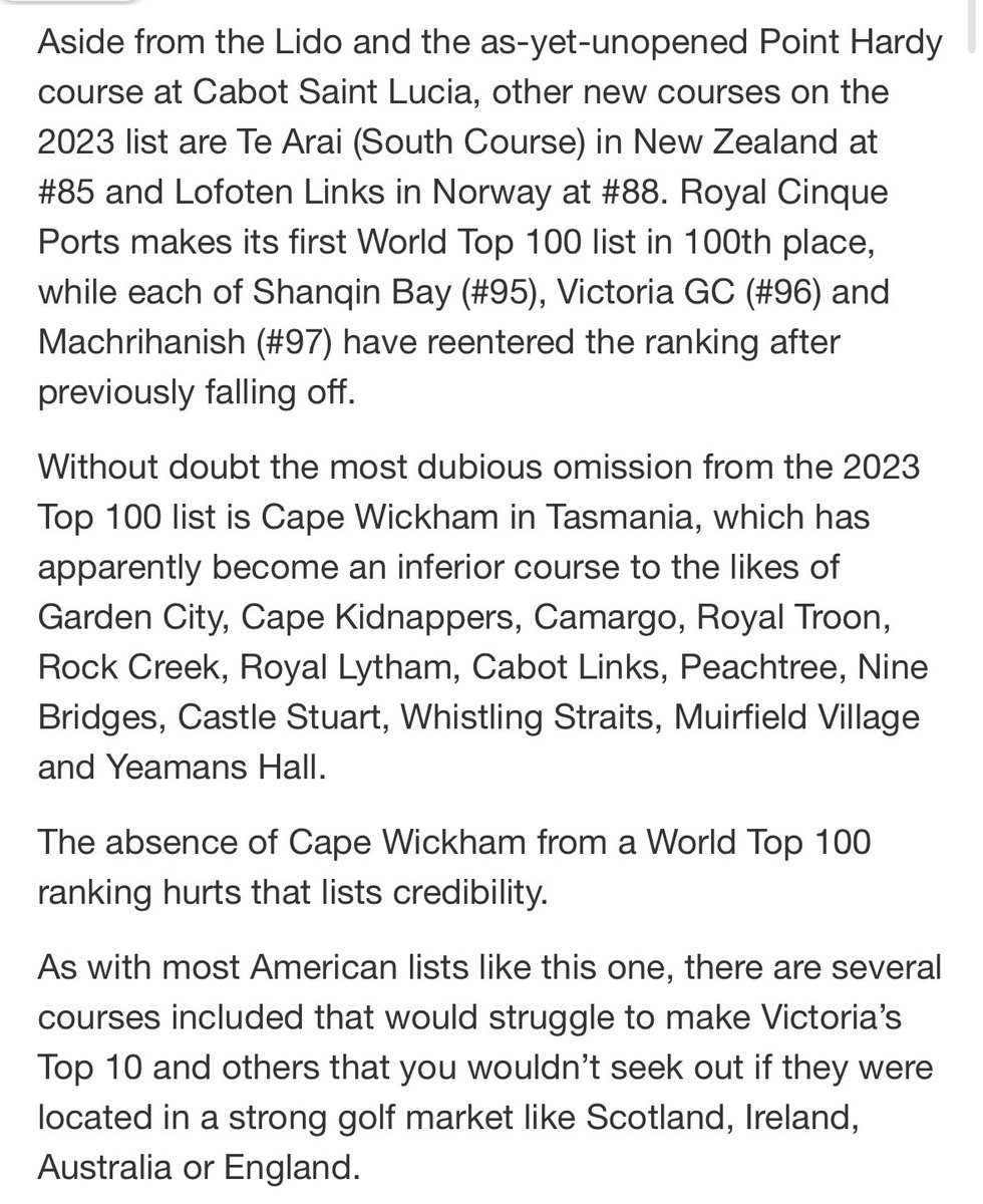Top100Rick's tweet photo. Wow. Darren Oliver, co-designer of Cape Wickham and proprietor of https://t.co/LD9HC9G0W6 has strong words about the new https://t.co/YJZYrGclRl Top 100 list. 

Agree? Disagree?  

He makes some solid points, including pointing out a clear conflict of interest. (And notes his own.)

I haven’t played Cape Wickham, but to a man every single person I know personally who has played it says it is top 50 in the world at the minimum.