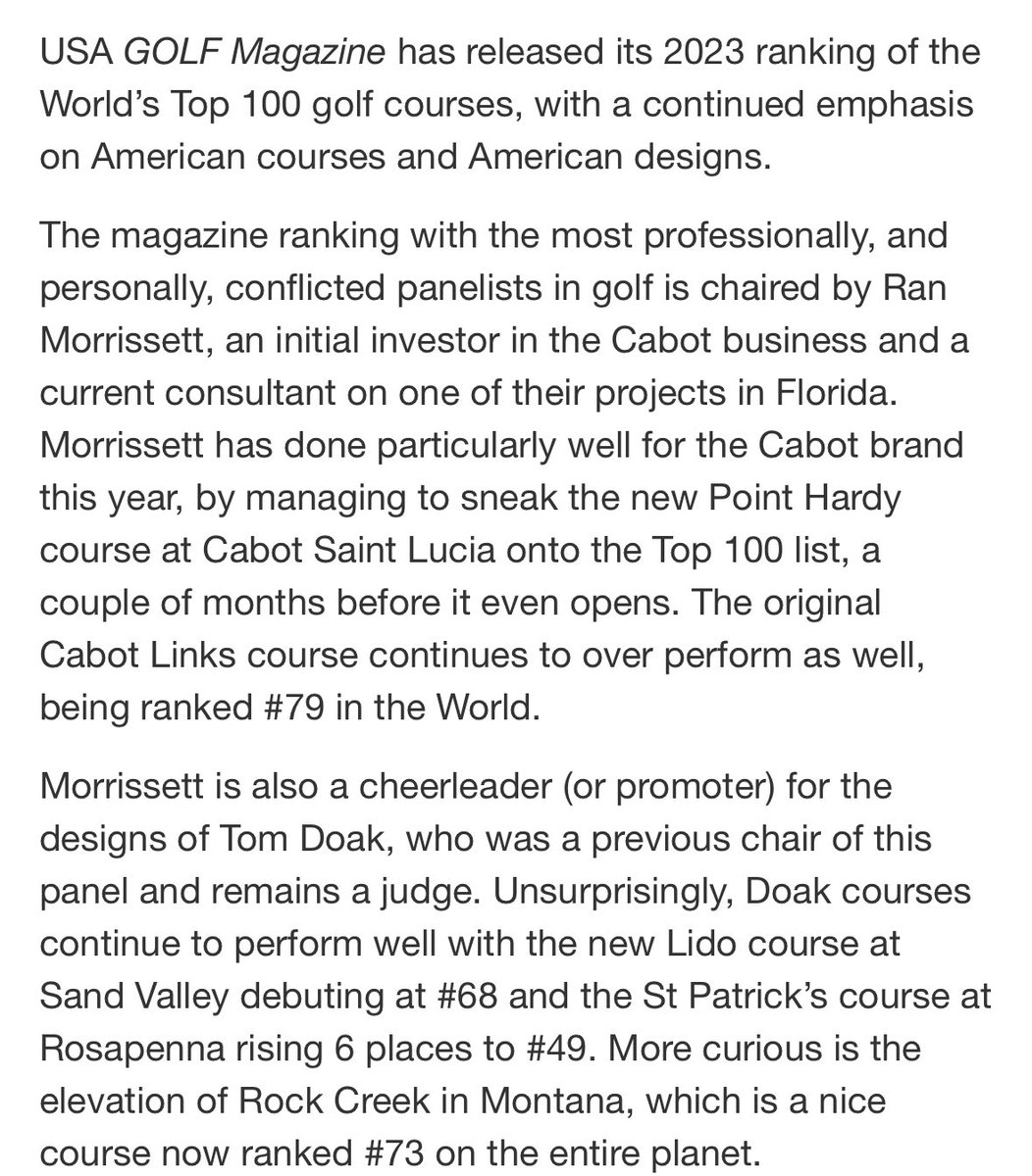 Top100Rick's tweet photo. Wow. Darren Oliver, co-designer of Cape Wickham and proprietor of https://t.co/LD9HC9G0W6 has strong words about the new https://t.co/YJZYrGclRl Top 100 list. 

Agree? Disagree?  

He makes some solid points, including pointing out a clear conflict of interest. (And notes his own.)

I haven’t played Cape Wickham, but to a man every single person I know personally who has played it says it is top 50 in the world at the minimum.