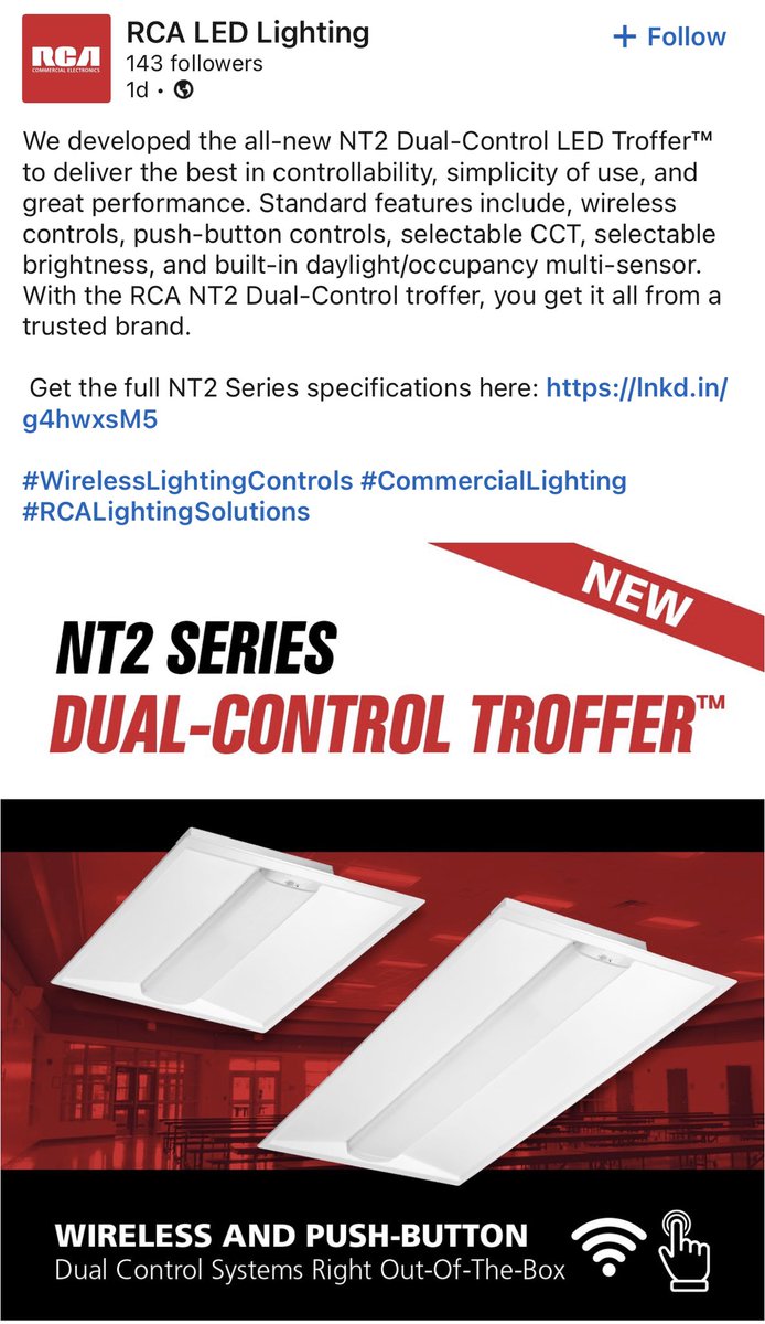 Jim12954128's tweet photo. @alpine4holdings subsidiary RCA Commercial adding the all-new NT2 Dual-Control LED Troffer™ to their impressive arsenal of #CommercialLighting💡
Overall market expected to grow to $21.8B by 2025
RCA Commercial produces 💪
#WirelessLightingControls
#SmartBuildings
$ALPP https://t.co/i9oPZ9SBYW