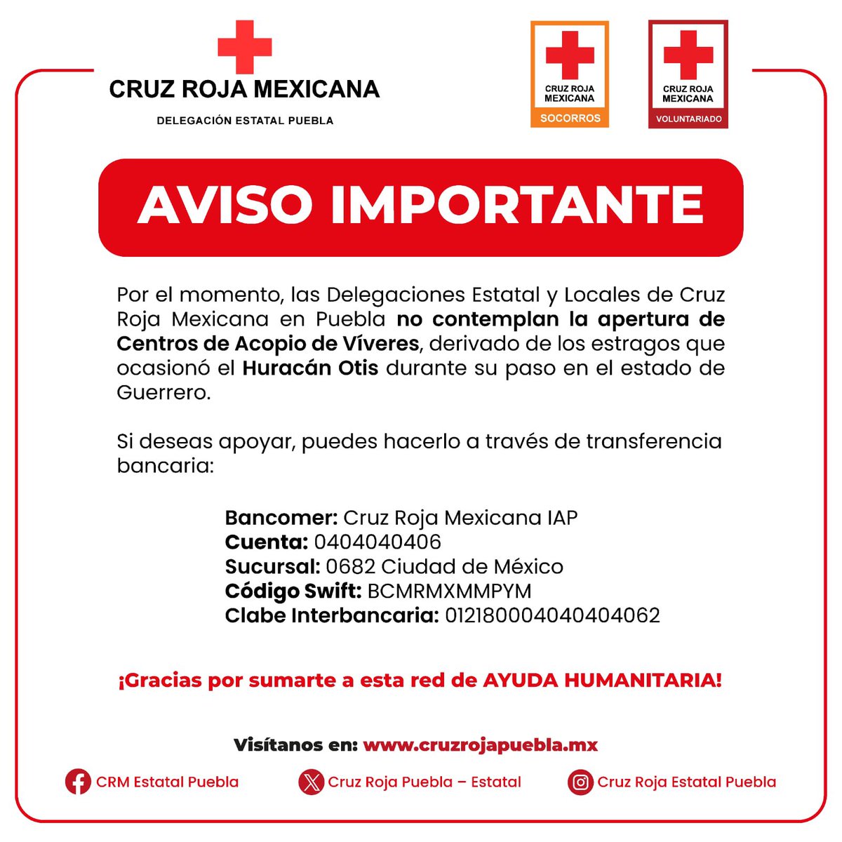 CRMSanMartinTex's tweet photo. 🚨 #Aviso | Hasta el momento, @CruzRoja_MX en #Puebla no contempla la apertura de #CentrosDeAcopio de víveres, derivado de los daños causados por el #HuracánOtis en el estado de Guerrero.

🫂 Sin embargo, puedes contribuir a nuestra red de #AyudaHumanitaria de la siguiente forma: https://t.co/h92IErTyih