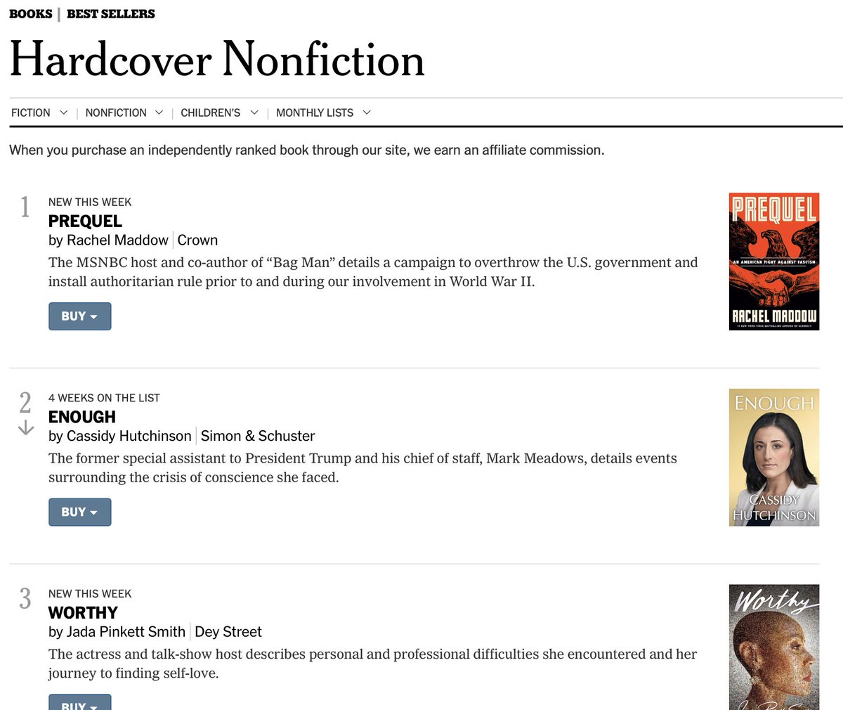 .<a href="/jadapsmith/">Jada Pinkett Smith</a>  #Worthy is a New York Times Best Seller! She debut at #3 on the list. Congratulations, Jada!  Folks really believing the fake stories that her book flopped.
