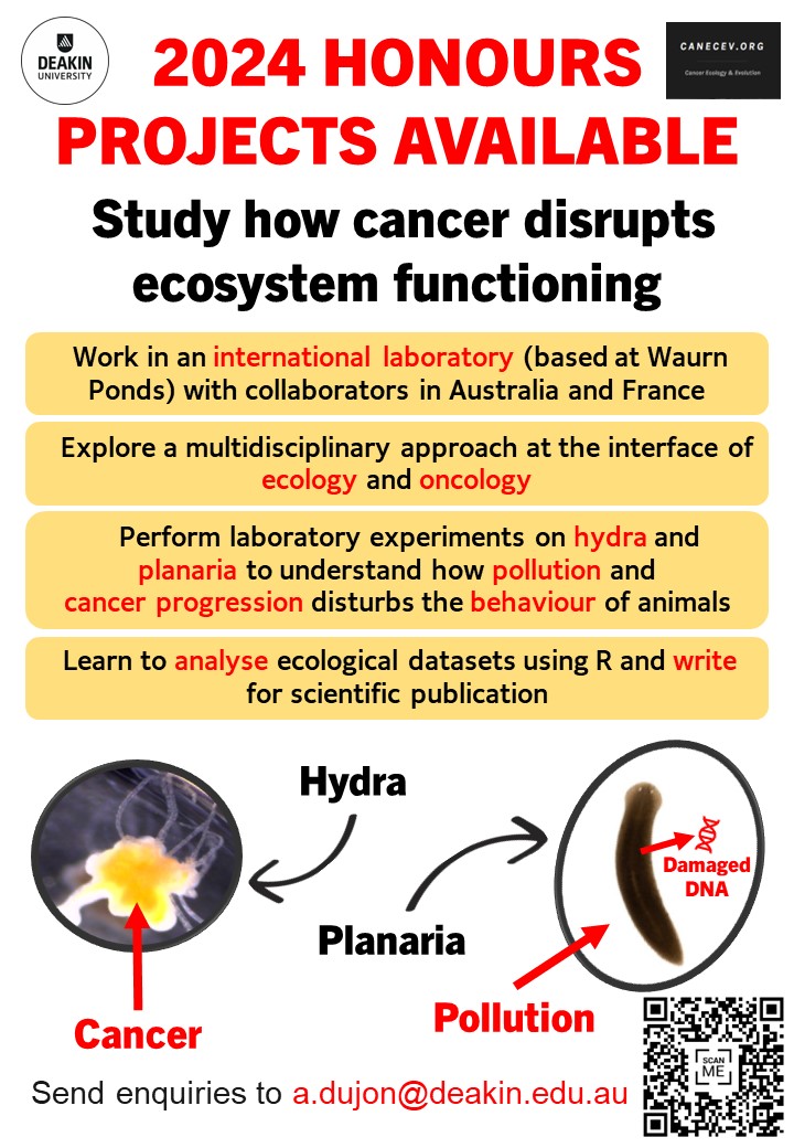 Looking for students in Australia for Honours project to work in the <a href="/CANECEV/">Cancer Ecology & Evolution</a> international laboratory. Retweets would be appreciated and help a lot.
#cancer #ecology #pollution