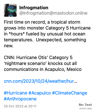 augustocc's tweet photo. Há uns 2 ou 3 anos eu catalogava no Obsidian essas notícias de "primeira vez que acontece" alguma categoria nova de catástrofe climática
Parei. Acelerou tanto nem consigo mais olhar no varejo, só no atacado.
RT @Infrogmation@mastodon.online: https://t.co/UQPmcHJixR #retoot https://t.co/XcyN9q3Q4P