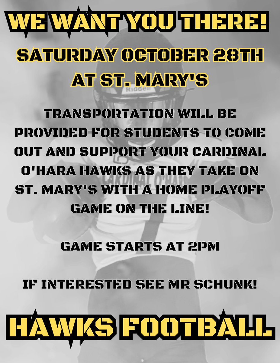 Come out and support your Hawks this Saturday at 2pm at St. Mary's as we take on the Lancers in a big <a href="/MonsignorMartin/">Pete Schneider</a> B division game!

<a href="/CCA_WNY/">Christian Central Academy</a> <a href="/COHSAthletics/">Cardinal O’Hara Athletics</a> <a href="/NicholsSchool/">Nichols School</a> <a href="/parkschoolbflo/">The Park School of Buffalo</a>