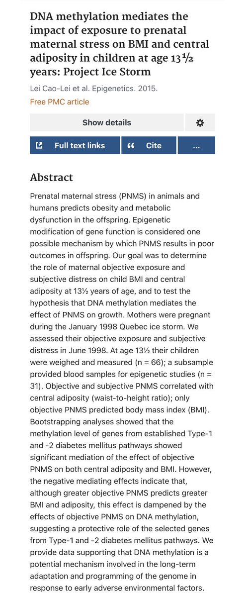 BioavailableNd's tweet photo. Project Ice Storm: how pregnant women exposure to stress can change DNA of offsprings. 

An extreme ice storm hit Québec in 1998 (first winter I spent in Canada post immigration: what a welcome that was)

Scientists from the Douglas Mental Health University Institute and McGill University have detected a distinctive ‘signature’ in the DNA of children born in the aftermath of the massive Quebec ice storm. Five months after the event, researchers recruited women who had been pregnant during the disaster and assessed their degrees of hardship and distress in a study called Project Ice Storm.

Thirteen years later, the researchers found that DNA within the T cells - a type of immune system cell - of 36 children showed distinctive patterns in DNA methylation.

Changes in immunity and sugar metabolism genes were observed, putting them at greater risk of diabetes, obesity and asthma. 

Super interesting as it wasn't due to the emotional stress response, but due to the objective stress exposure: week without electricity for example.