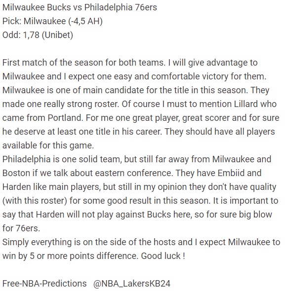 Milwaukee Bucks vs Philadelphia 76ers
Pick: Milwaukee (-4,5 AH)
Odd: 1,78 (Unibet)