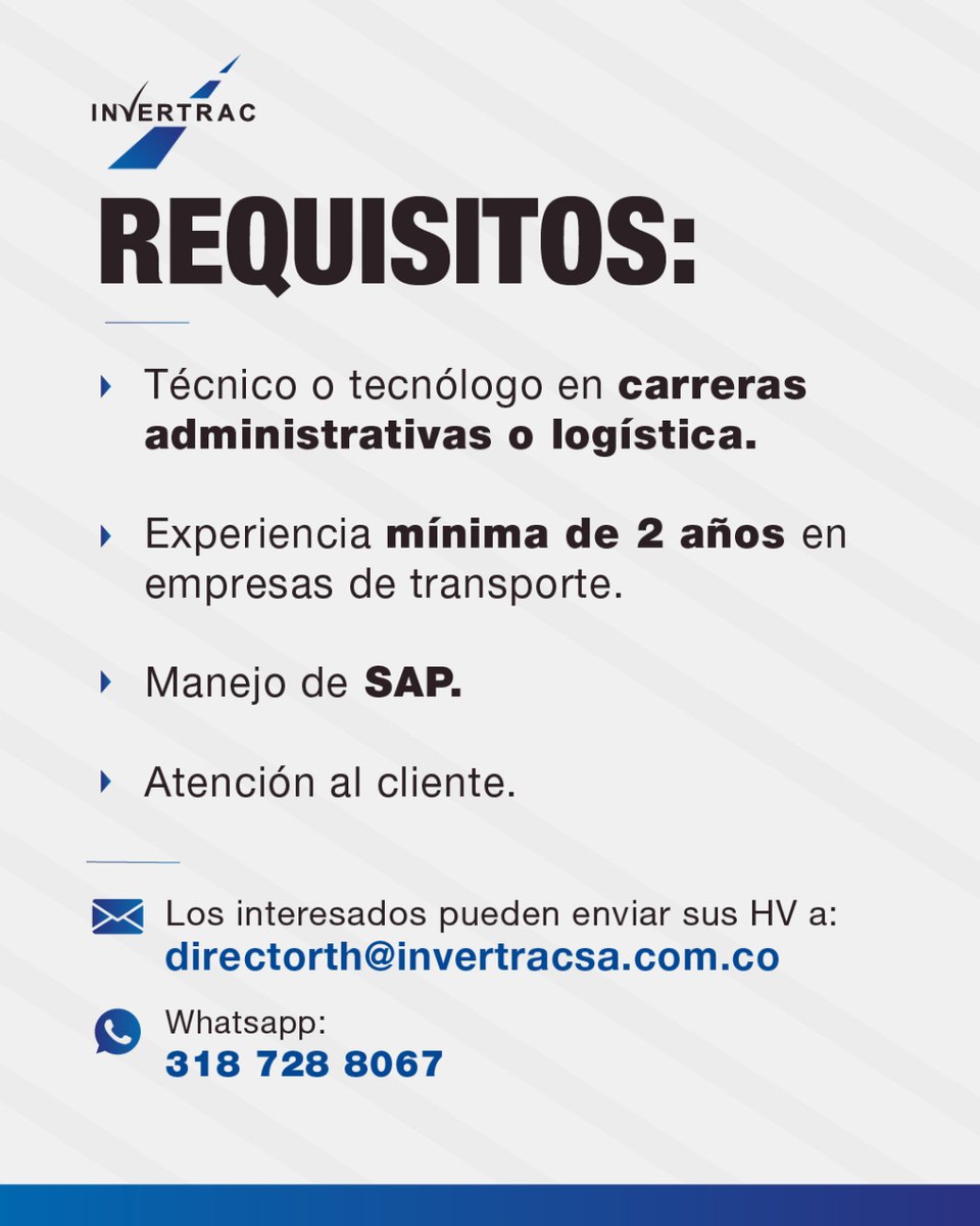 Invertrac_Col's tweet photo. #TrabajoSiHay
·
Estamos en la búsqueda de #coordinadorlogistico https://t.co/N1xqMKTIHX