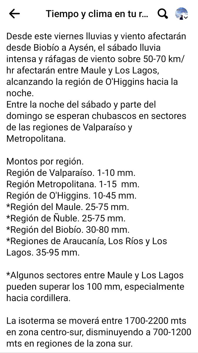 EdoWeatherman's tweet photo. Alerta por fuerte evento de lluvia y viento. Detalles en imágenes.
Mayor intensidad será entre Maule y Los Lagos el sábado. Evite ir a cordillera o Argentina, a sectores costeros y eventos al aire libre. La agricultura de la zona centro-sur sufrirá severas consecuencias. https://t.co/Hg0FTy3Kpk