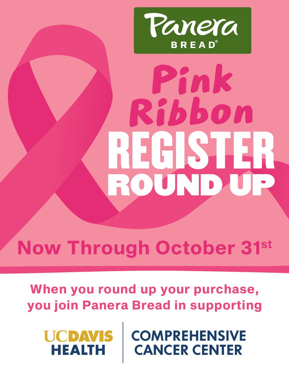 Now through Oct 31, stop by your favorite @panerabread location and when you round up your purchase, you directly support @UCD_Cancer. So whether you're going for coffee and bagels or a hearty dinner, don't forget to #roundup!