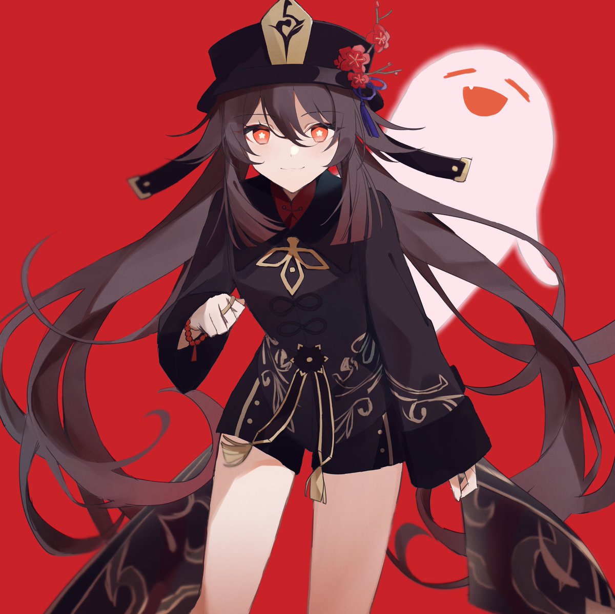 hu tao (genshin impact) 1girl hat red background ghost red eyes symbol-shaped pupils brown hair  illustration images