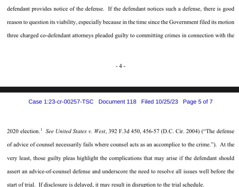 JUST IN: Jack Smith says in filing tonight that if Trump tries to mount an “advice of counsel” defense to his Washington, DC charges, it may be complicated by the fact that three of Trump’s lawyer codefendants just pleaded guilty in Georgia. storage.courtlistener.com/recap/gov.usco…