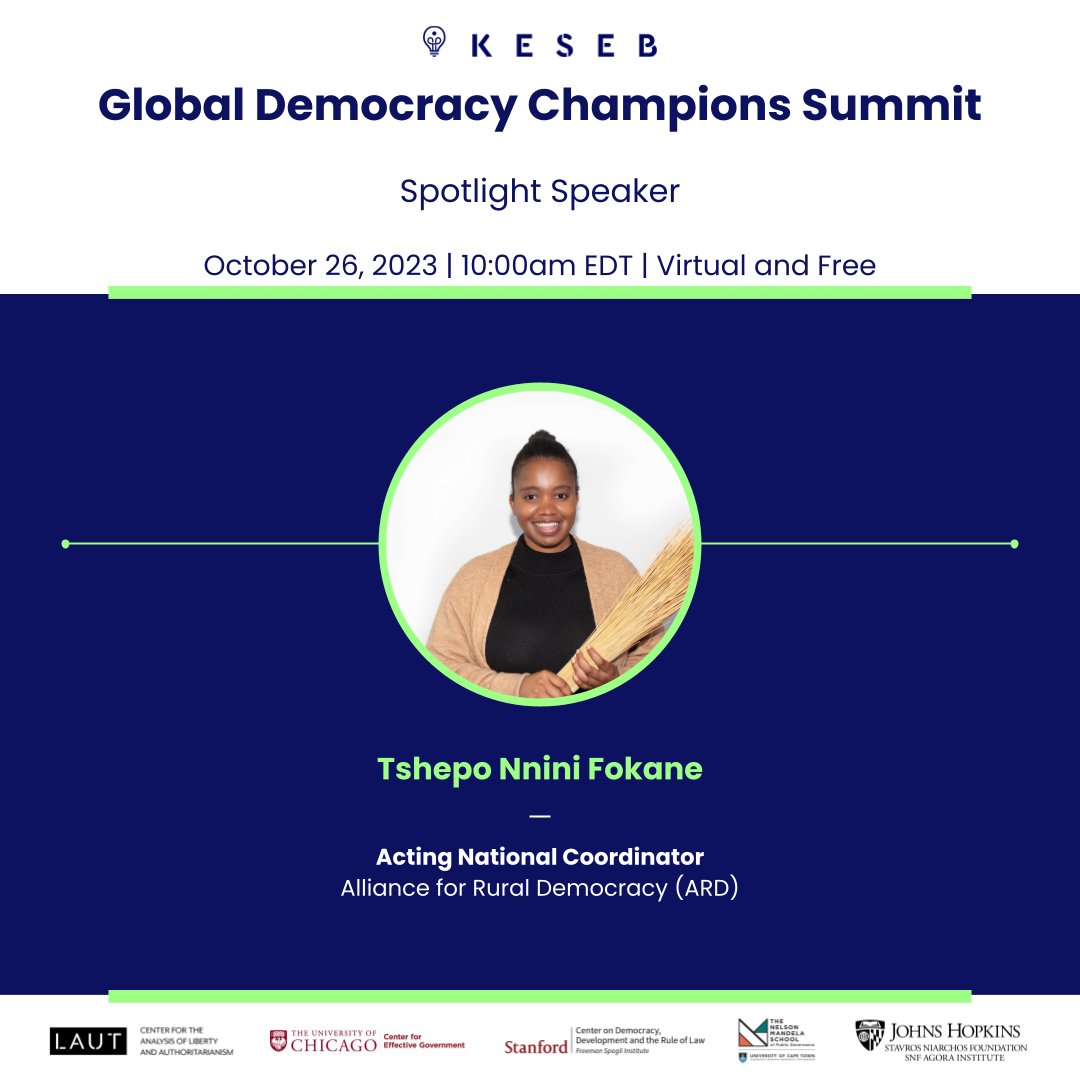 📣 Join us in 15 minutes at the 2023 Global Democracy Champions Summit for Tshepo Nnini Fokane’s spotlight talk on the topic of building towards pluralism by uplifting rural communities. 📣 #GDCS2023

📌 Register here: hopin.com/events/2023-ke…