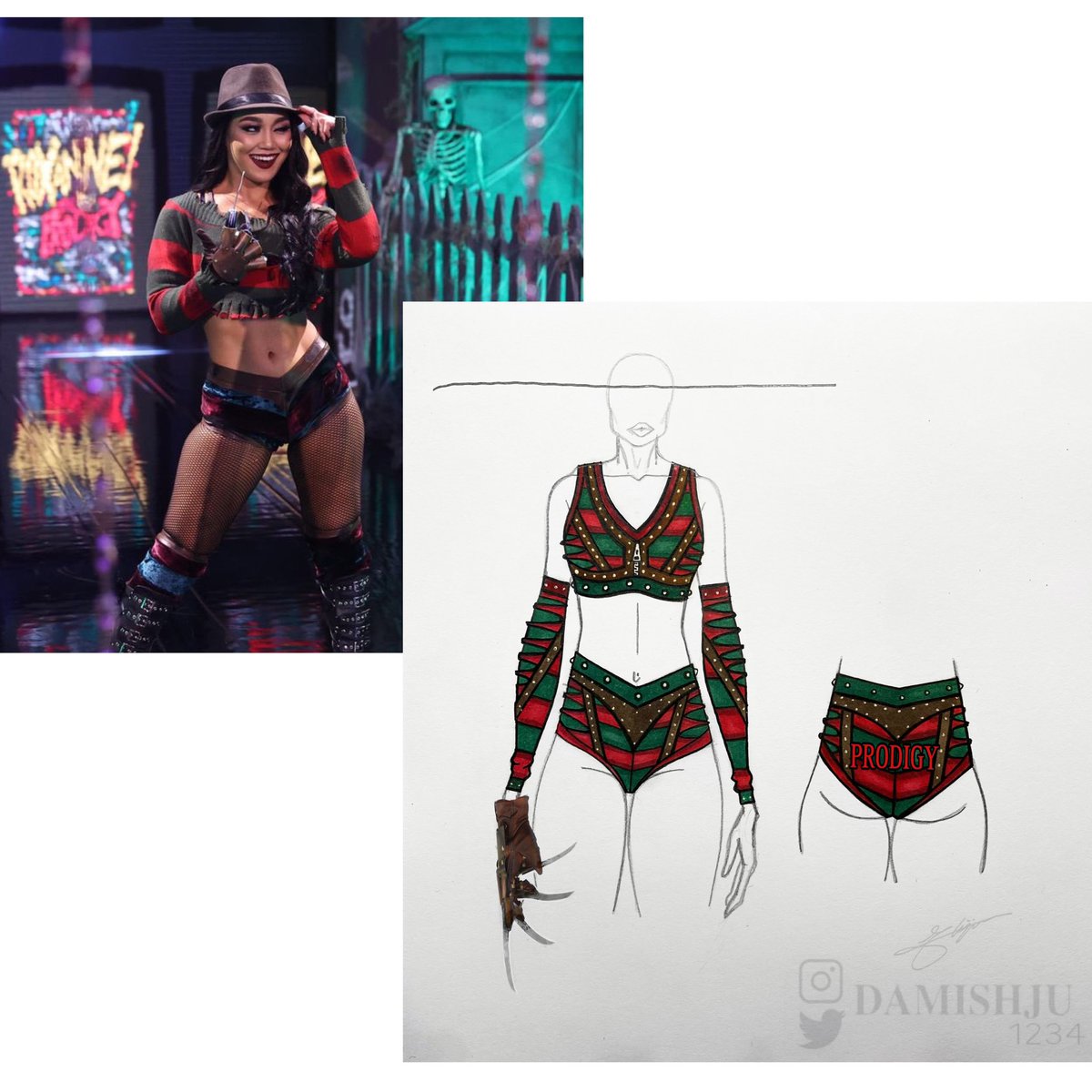 One, Two Freddy’s coming for you…. Freddy Krueger gear collab I did with @roxanne_wwe for Halloween Havoc. 🎃🧡
