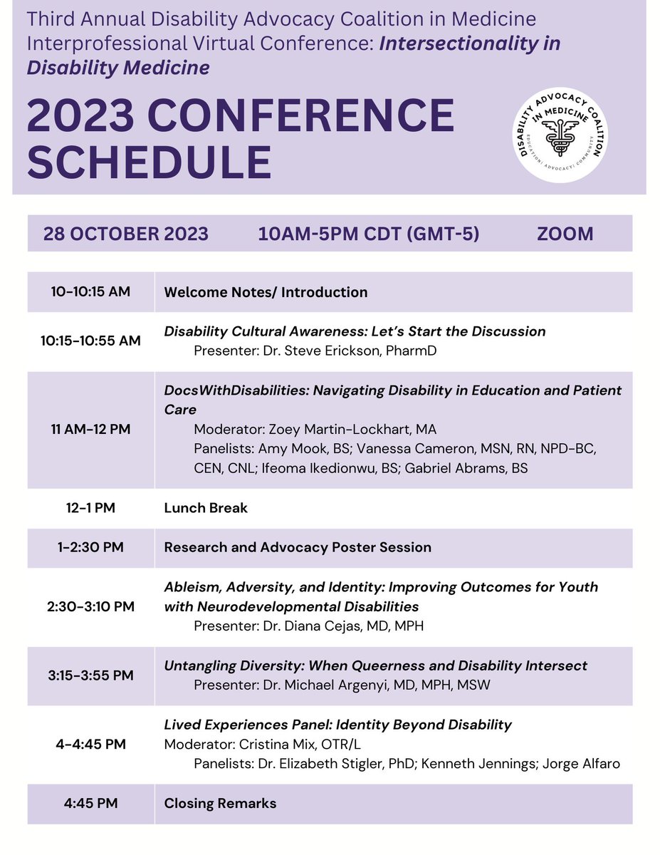 It’s not too late to register for DAC Med’s Third Annual Conference! Check out this year’s conference schedule. See speaker info and register here: tinyurl.com/cyt3eh98

#MedEd #DisabilityAdvocacy #DisabilityMedicine #DocswithDisabilities