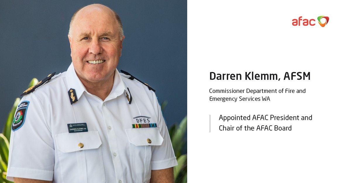 AFAC has appointed Department of Fire and Emergency Services (@dfes_wa) Commissioner Darren Klemm AFSM as AFAC President and Chair of the AFAC Board. Read the full statement: bit.ly/45KCw6W