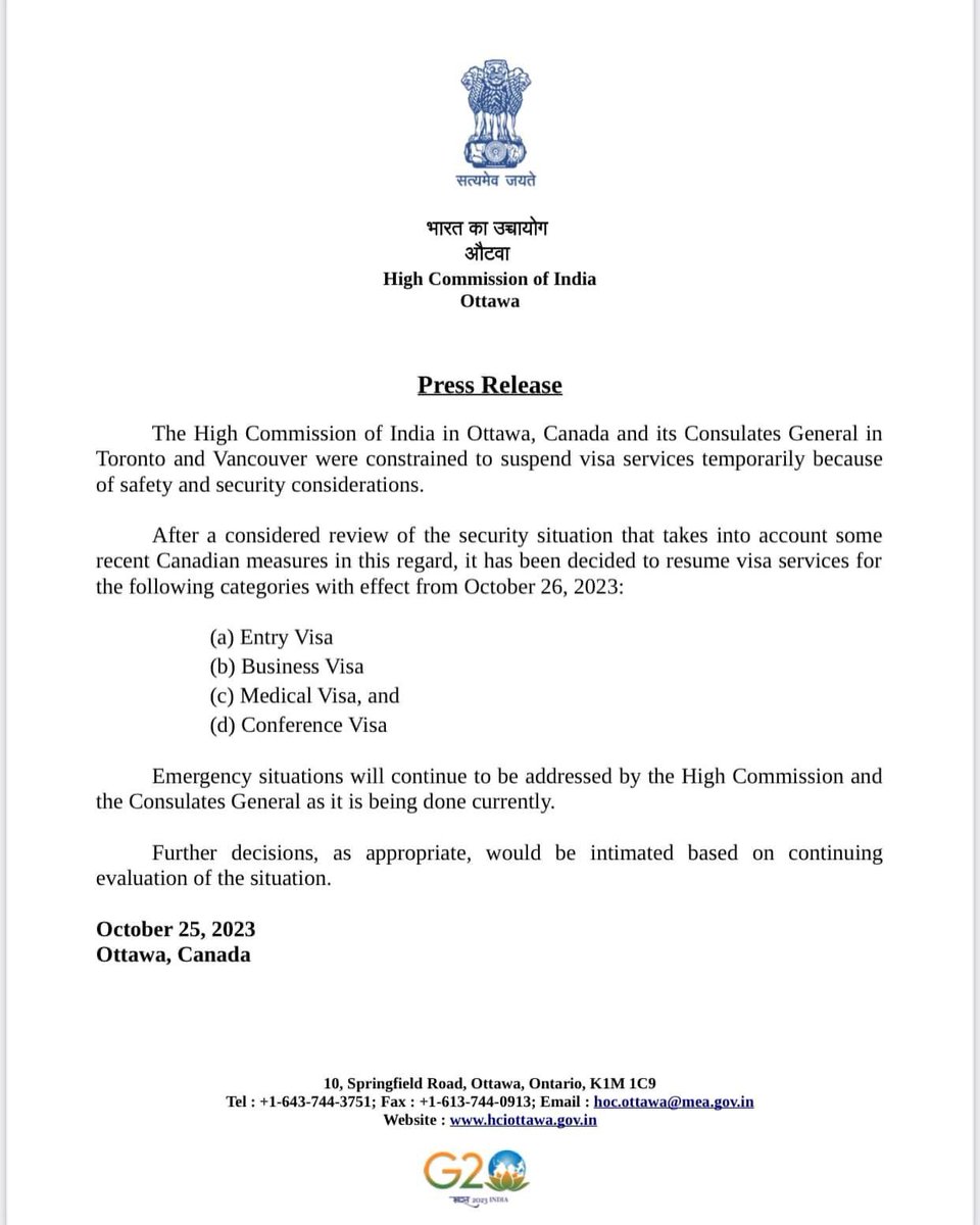 CIGFBC's tweet photo. India‘s high commission in Canada announced the country’s officials will resume processing visa applications in Ottawa and at consulates in Toronto and Vancouver. https://t.co/trFYKE6ulM