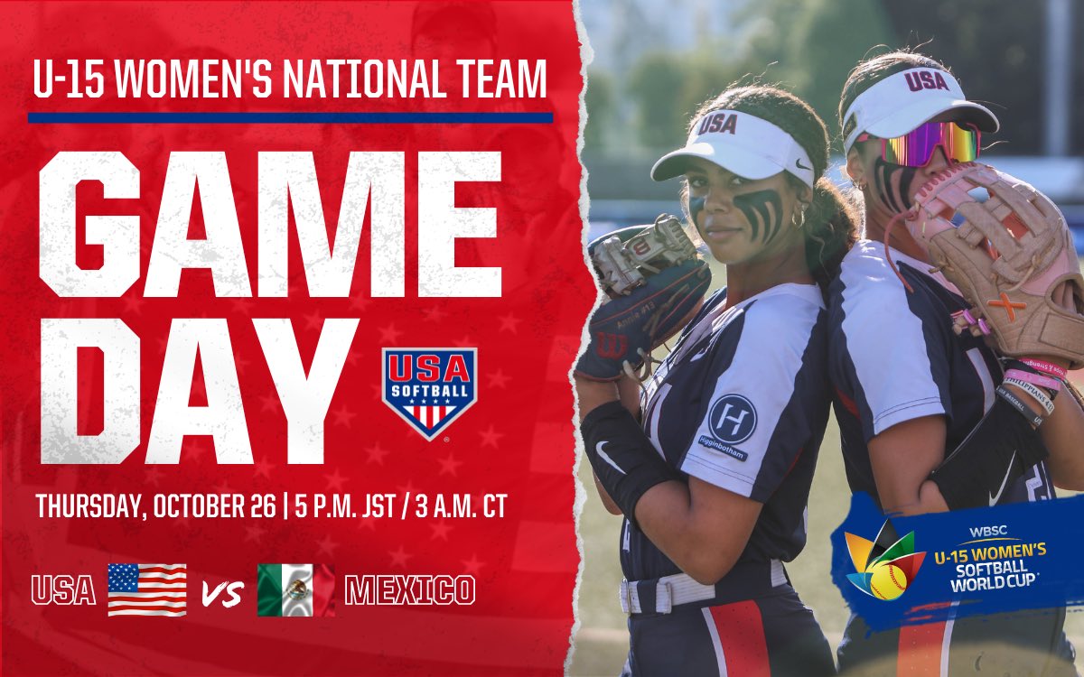 The competition is 𝘫𝘶𝘴𝘵 𝘨𝘦𝘵𝘵𝘪𝘯𝘨 𝘴𝘵𝘢𝘳𝘵𝘦𝘥 → 𝗦𝘂𝗽𝗲𝗿 𝗥𝗼𝘂𝗻𝗱 starts 🔜

📍 Tokyo, Japan
🆚 Mexico
⏰ 5 p.m. JST | 3 a.m. CT
💻📊 go.usasoftball.com/3PQXjzL

#U15WNT | <a href="/WBSC/">WBSC ⚾🥎</a> | #SoftballWorldCupWU15