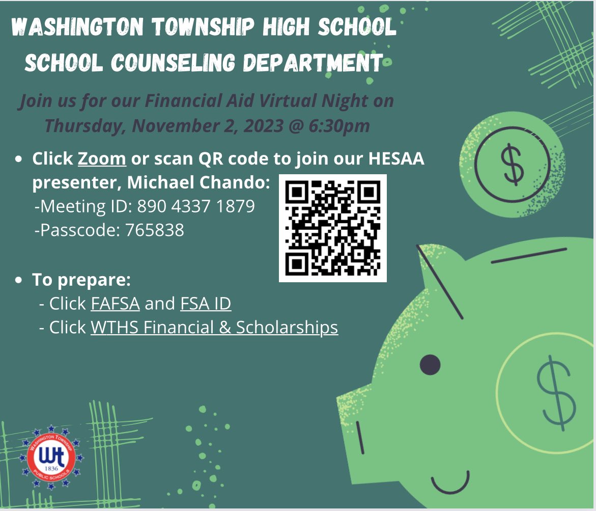CarpenterKarin's tweet photo. WTHS Counseling Department presents the Financial Aid Virtual Night!!! Seniors and senior parents please join. This is a very informational presentation! Presented by HESAA!!! Questions about the FAFSA will be addressed and answered!@HerrAndersonWT @Wtpscounseling @EricMHibbs https://t.co/ohTwfE45hV