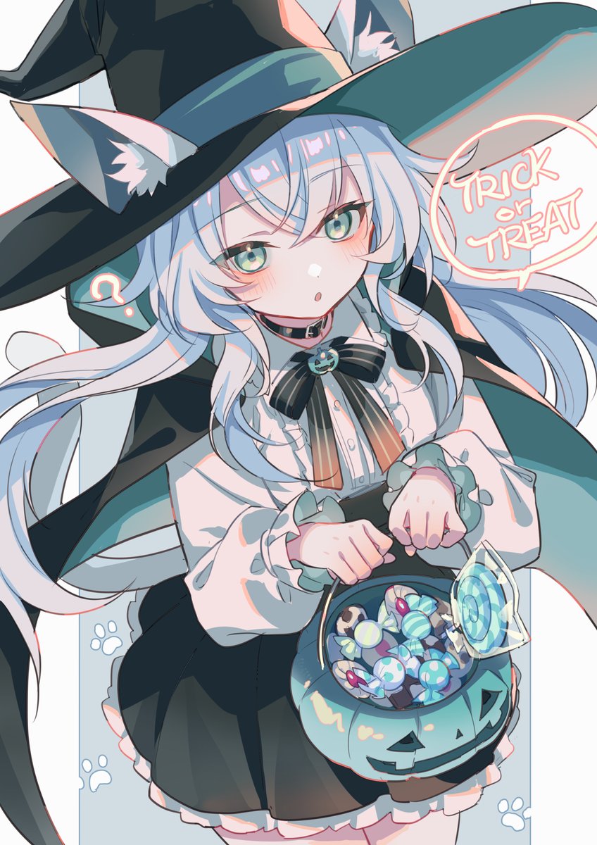 rosmontis (arknights) 1girl animal ears solo witch hat hat halloween bucket cat ears  illustration images