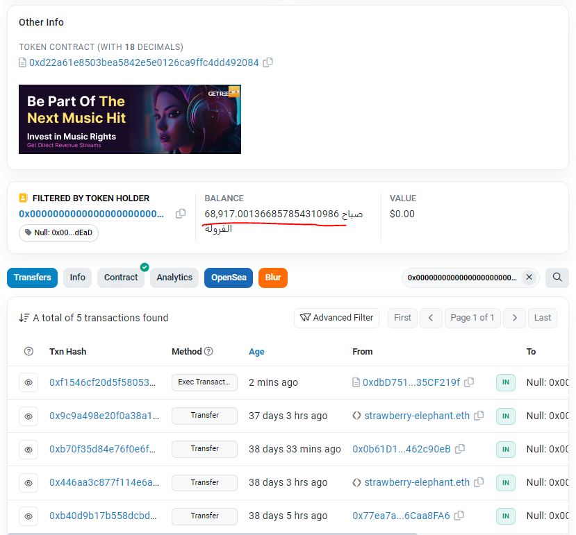 The core #CommunityLeaders have just burned 0.5% of the supply at 300k MC 

There is another 2.3% left to burn at key milestones 

Total burned is now 68,917 #StrawberryElephant which represents 6.89% of the total supply 

You can view all burns here etherscan.io/token/0xd22a61…