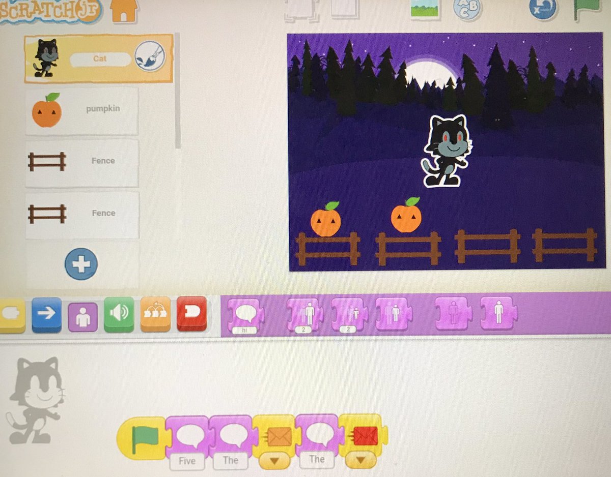 PCameronOCSB's tweet image. Today we read “Five Little Pumpkins” as a class. 🎃🎃🎃🎃🎃 We then tried coding the poem using @ScratchJr. #ocsbCodes