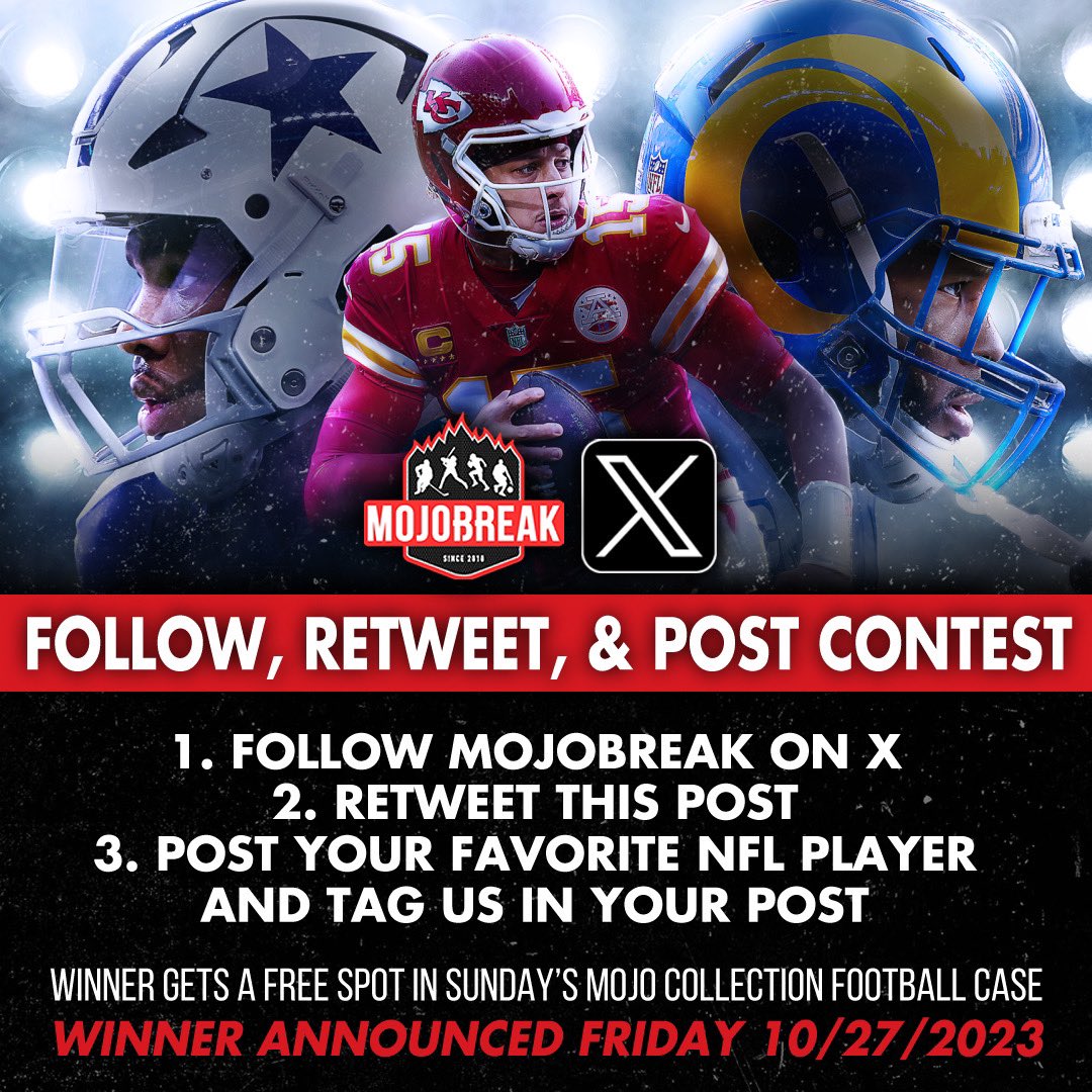 Hey everyone! We are back with another Giveaway! Follow us on X, Retweet this post, and post your favorite NFL player and tag us on your post. Winner gets a FREE SPOT in one of our Sunday Mojobreak Football Collection Case Breaks! Winner announced this Friday (10/27)! Let’s Go!