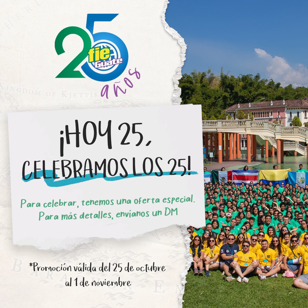 ¡Queremos empezar a celebrar los 25 años del FIE Guate! 🎉

En conmemoración de este hito, hemos preparado una promoción especial que no querrás perderte. ¿Te gustaría saber más? Escríbenos en Instagram con tu nombre y número de teléfono para obtener todos los detalles.