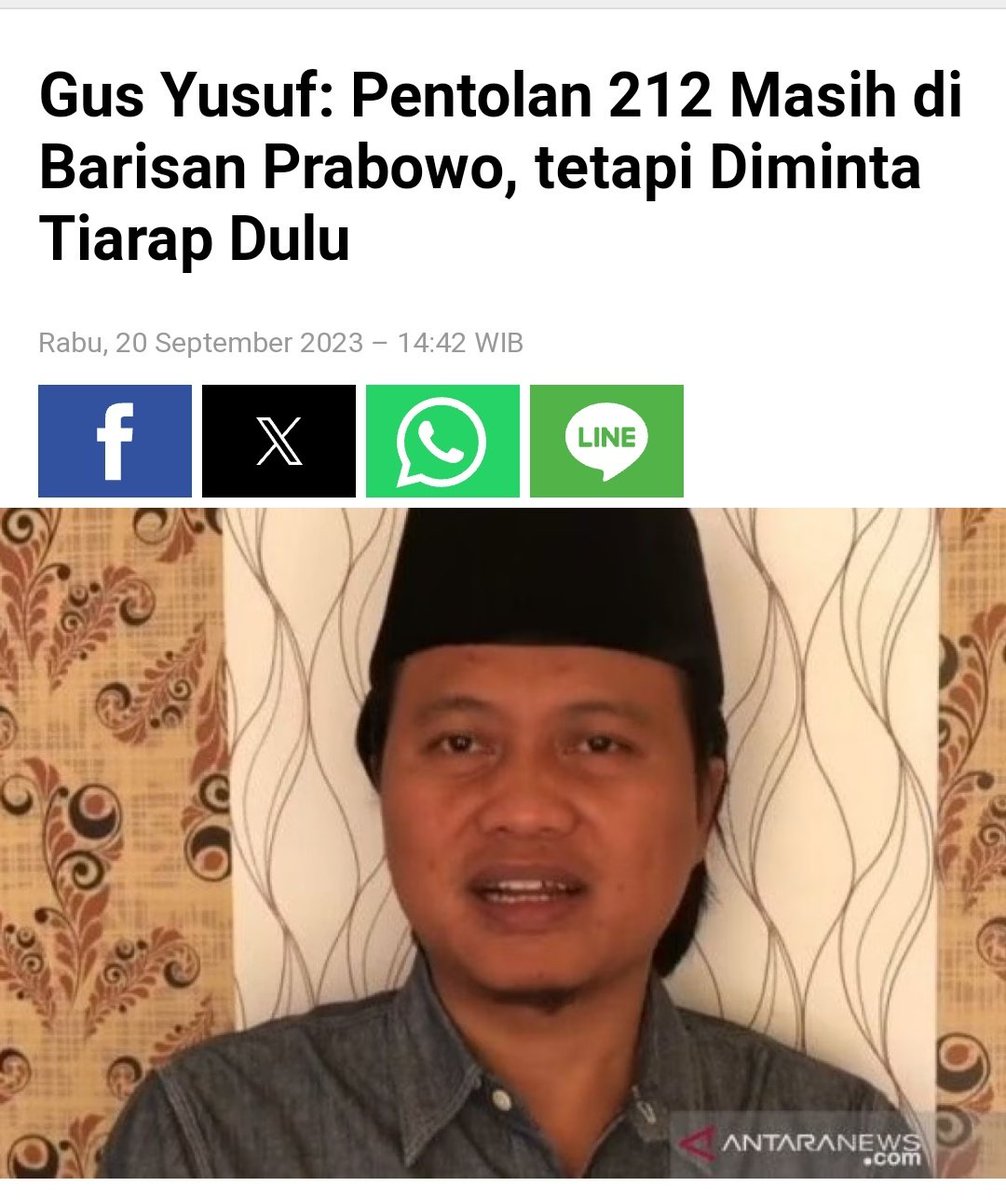 Ketua DPW PKB Jawa tengah, Gus Yusuf Chudlori sebut pentolan 212 dan kroni²nya berada di kubu Prabowo, tetapi diminta tiarap dulu dan akan dikeluarkan saat dibutuhkan.
Apa Gus Yusuf tidak tahu kalo Prabowo dan Anies itu sama² didukung PA 212,FPl, eks HTI dan kelompok² Intoleran?