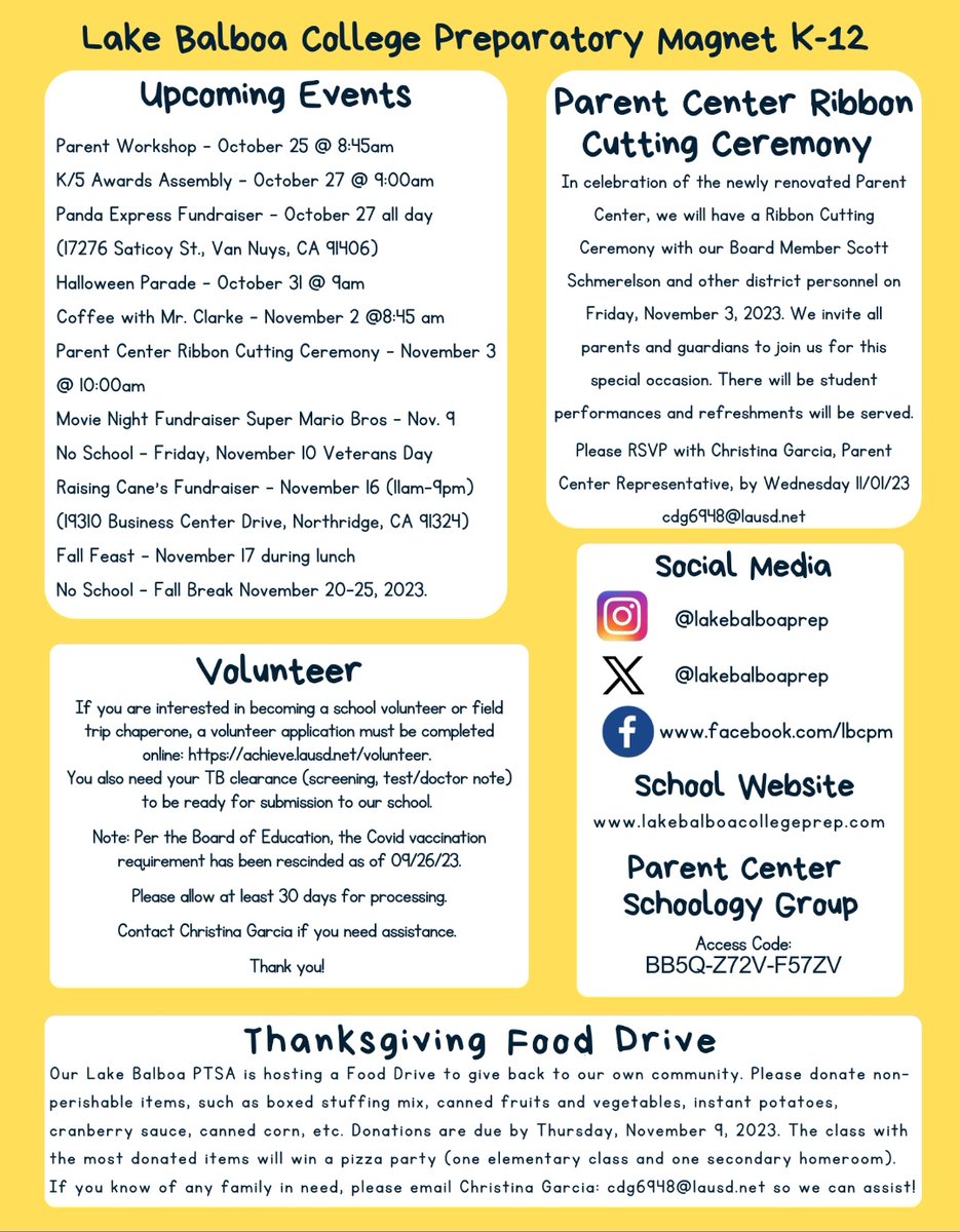 🚨 Mark your calendars 🗓 for upcoming events, information, fundraisers, Parent Center Ribbon Cutting 🎀✂️ Ceremony, and the #PTSA Thanksgiving 🦃 #fooddrive. 🥫 @LASchoolsNorth @ScottAtLAUSD @ResedaCOS #LAUSD #lakebalboa #parentcenter #ribboncuttingceremony #parentinvolvement