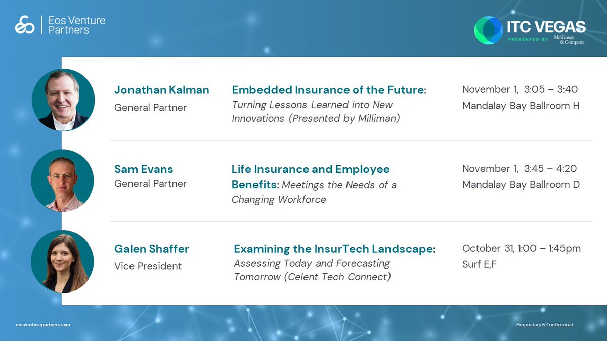 Look forward to seeing everyone at #ITC2023 next week Find us on stage discussing Embedded Ins, Life / Benefits, and the Investing Landscape Find us off-stage to chat about your InsurTech, early-stage innovation + market trends - reach out! @Sam_C_Evans @Eosvp