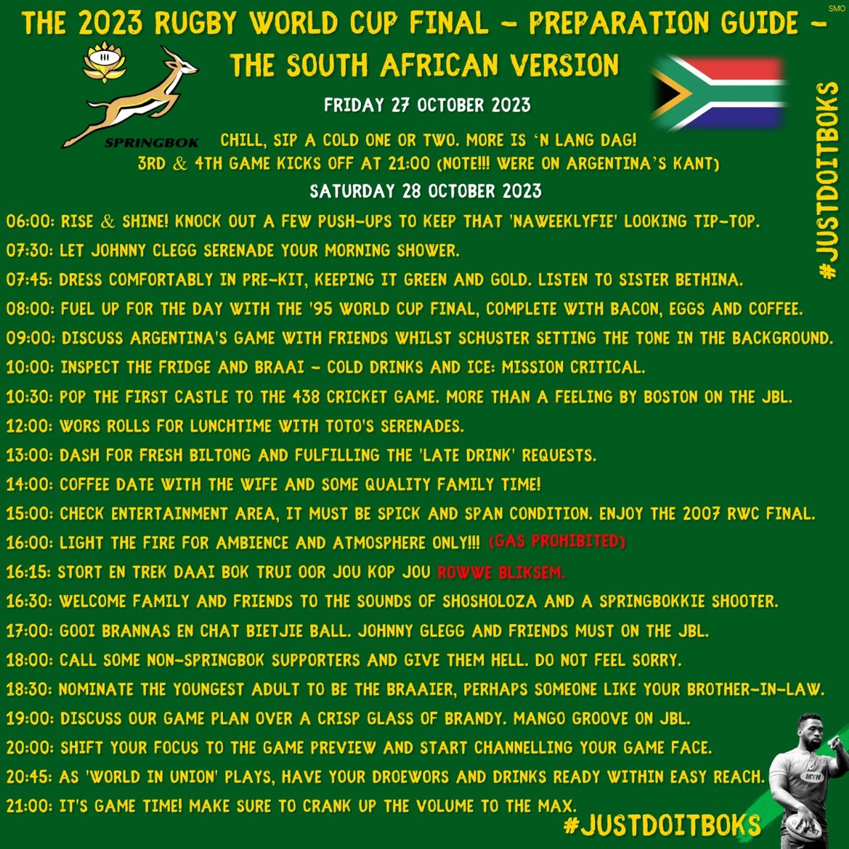 mauritzvan6's tweet photo. Tried and tested in 2019, and we all know who won that Rugby World Cup Final. 

🇿🇦 🏉 

#justdoitbokke
@Springboks
#Springboks
#rugbyworldcup2023
#Rugby https://t.co/4edyS0x0gB