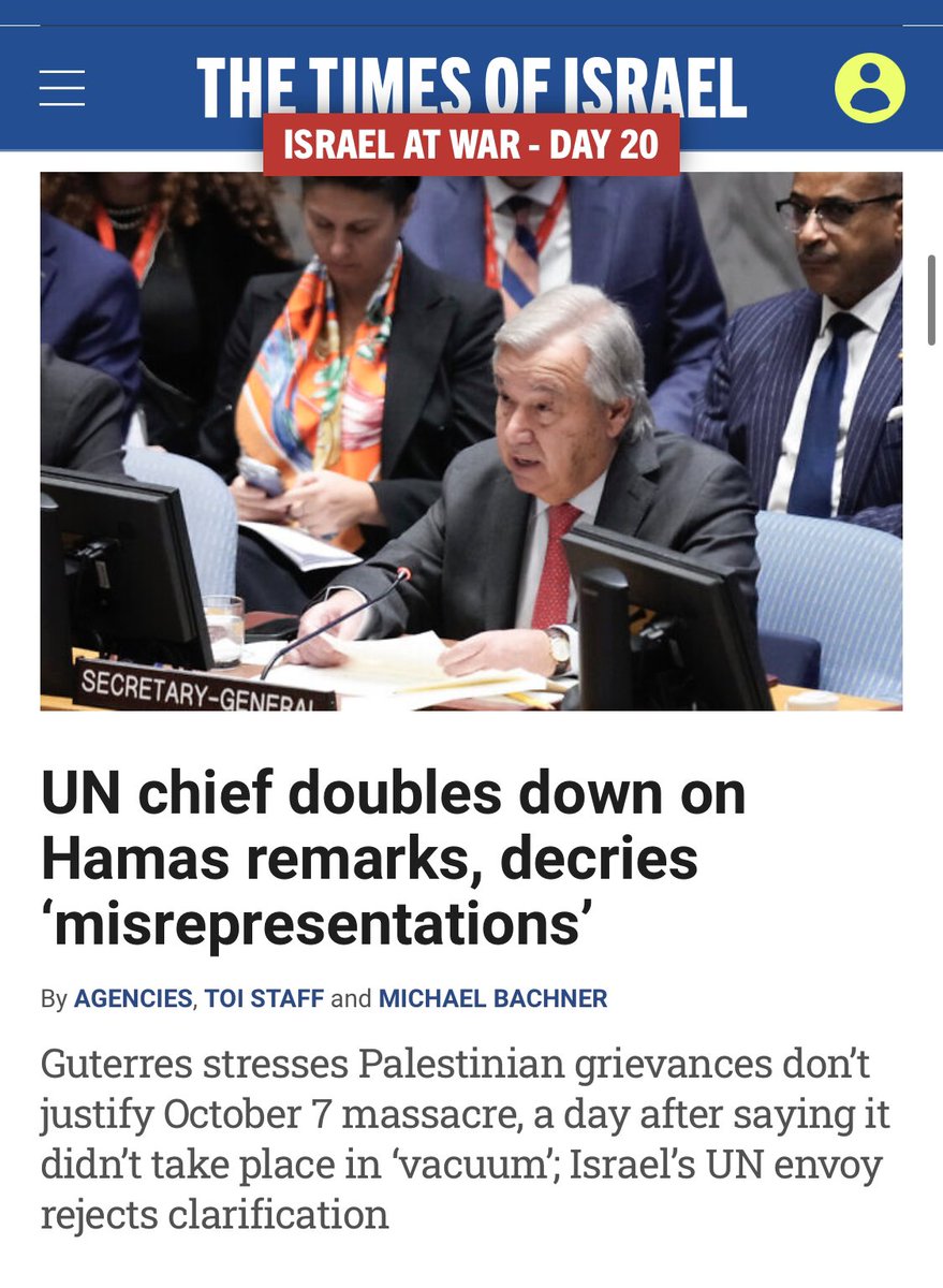 Arsen Ostrovsky 🎗️ (@ostrov_a) on Twitter photo No <a href="/antonioguterres/">António Guterres</a>, the only one who ‘misrepresented’ here is you. You chose your words very carefully. It was YOU who said the #HamasMassacre of children, women, families, over 1,400 people, did not occur “in a vacuum”.
You need to apologize, and failing that, resign! No <a href="/antonioguterres/">António Guterres</a>, the only one who ‘misrepresented’ here is you. You chose your words very carefully. It was YOU who said the #HamasMassacre of children, women, families, over 1,400 people, did not occur “in a vacuum”.
You need to apologize, and failing that, resign!