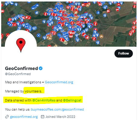 GeoConfirmed Announcement. Some clarification about some 'things'. It seems some people don't understand what 'Data shared with @Cen4infoRes and @bellingcat' means: We do not work for nor together with @Bellingcat. We do not work for nor together with @Cen4infoRes.
