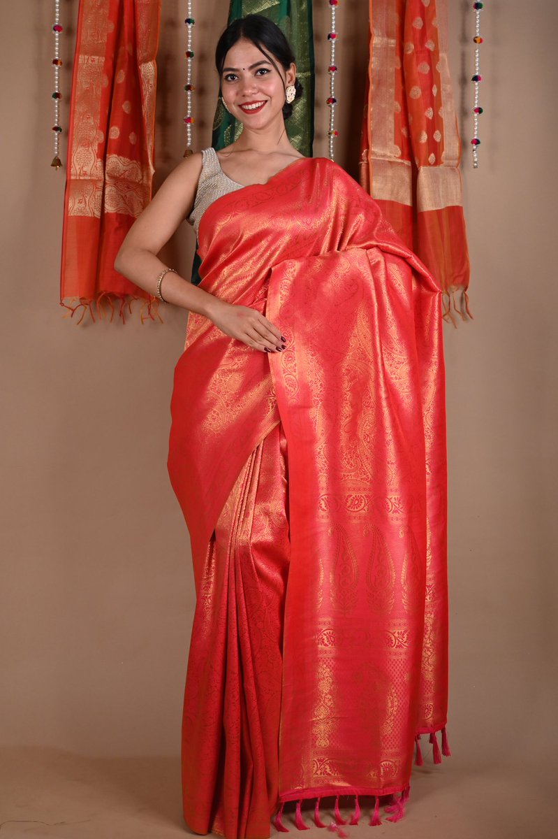 Elevate your Lakshmi Puja look with our Ready to Wear Kanchipuram Red Dhoop Chaanv Saree. Embrace tradition in rich red hues - be Puja-ready in 1 minute! Limited stock, order now. #LakshmiPuja #FestiveSaree #KanchipuramSilk 🪔🌹✨