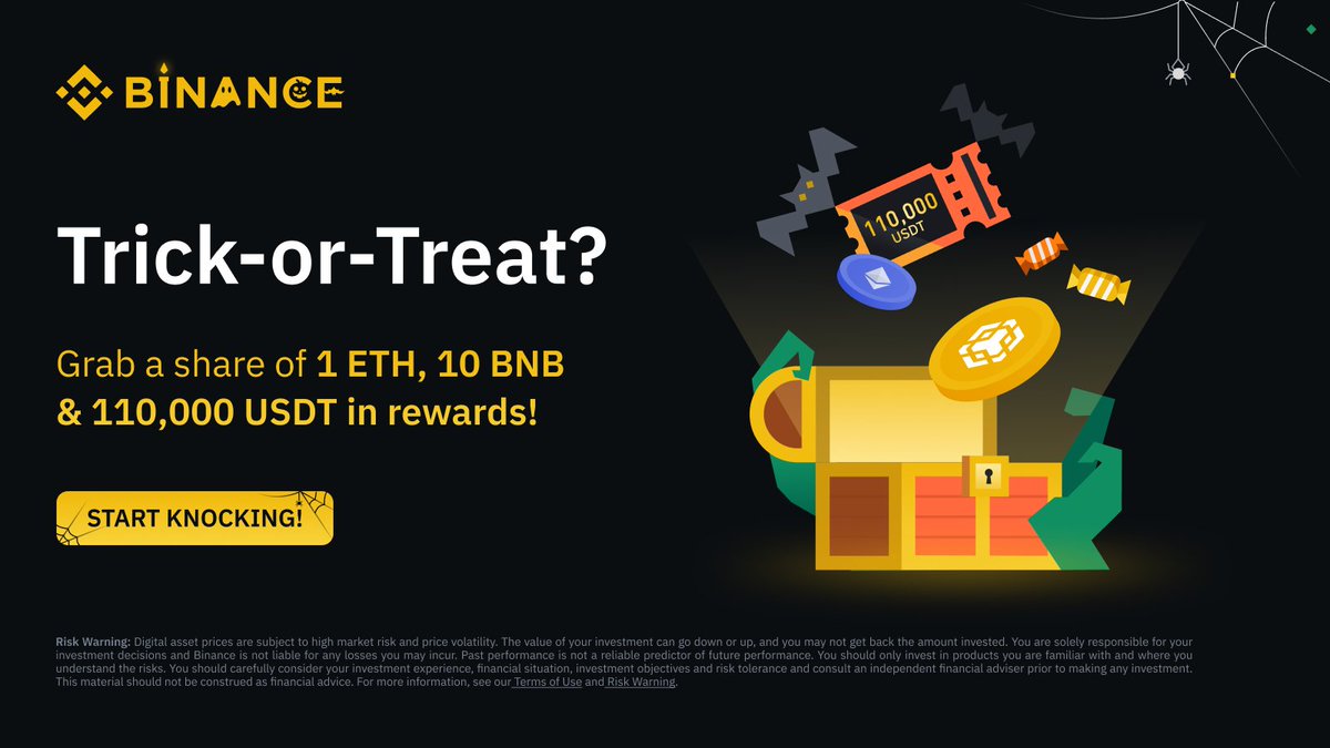 Join the #Binance trick-or-treat challenge to win your share of: 🎃 1 #ETH  🎃 10 #BNB 🎃 10,000 $USDT Get started ➡️ https://t.co/3lTQMlsZ1R