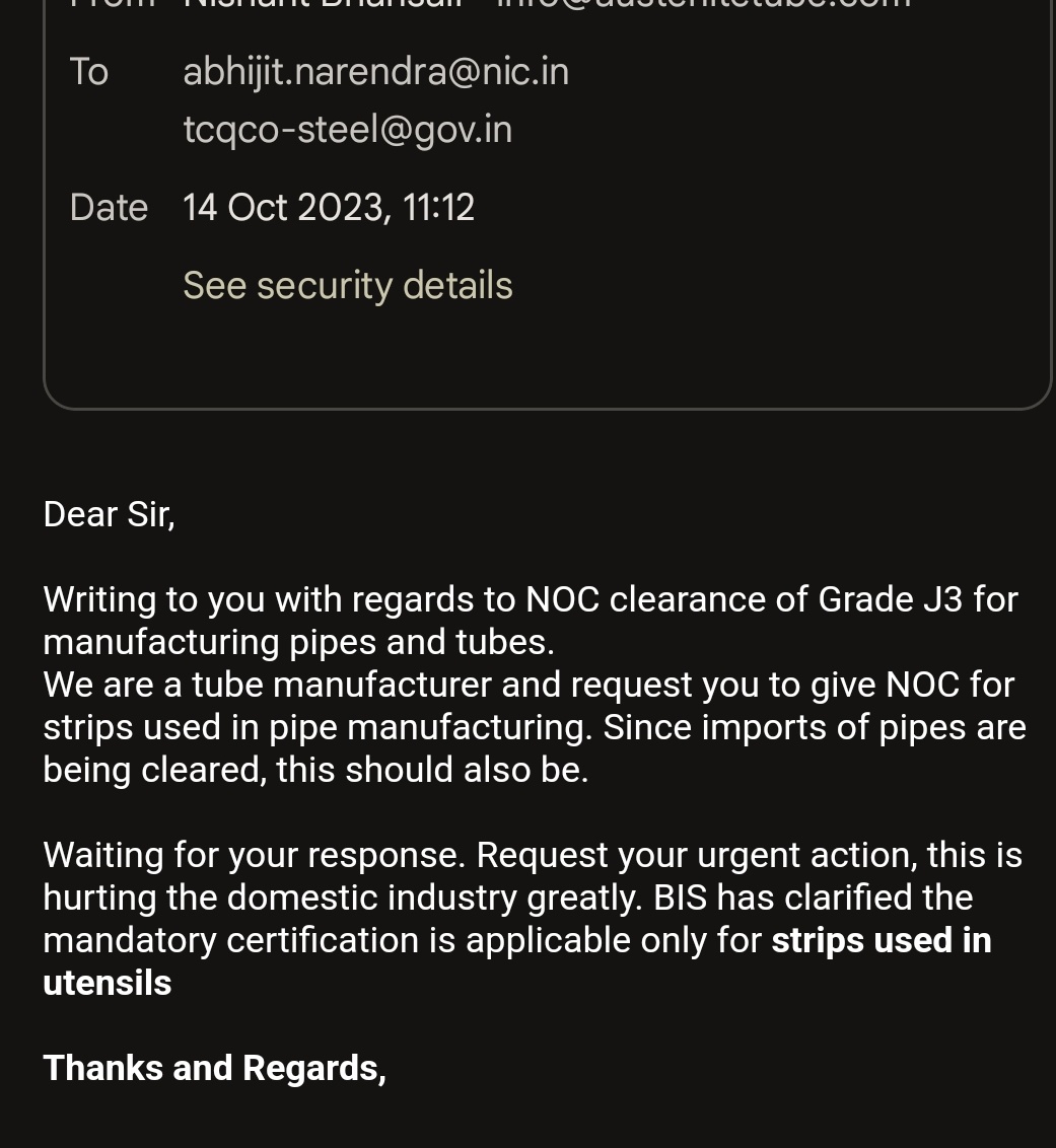 nishantb15's tweet photo. @SteelMinIndia 
Dear ministry,
Waiting for your reply since Oct 14. The entire industry is suffering due to unclear BIS norms. Kindly respond https://t.co/glbFJ7m2fw