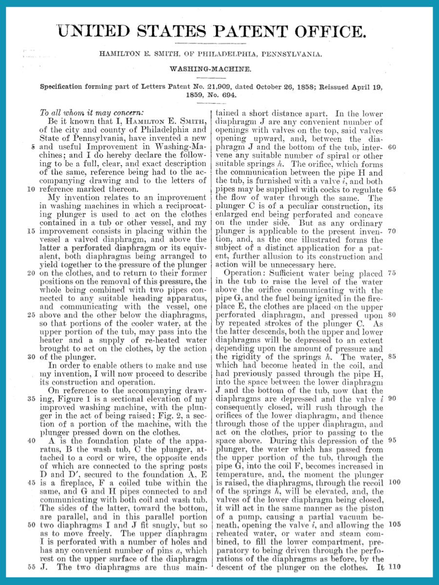 #OTD October 26, 1858 (pre-Civil War), a significant U.S. #patent🔻was issued to Hamilton E. Smith of Philadelphia🇺🇸. Though there had been previous washing machines invented and patented, Smith's #innovation was his #invention of the world's first rotary washing machine design.