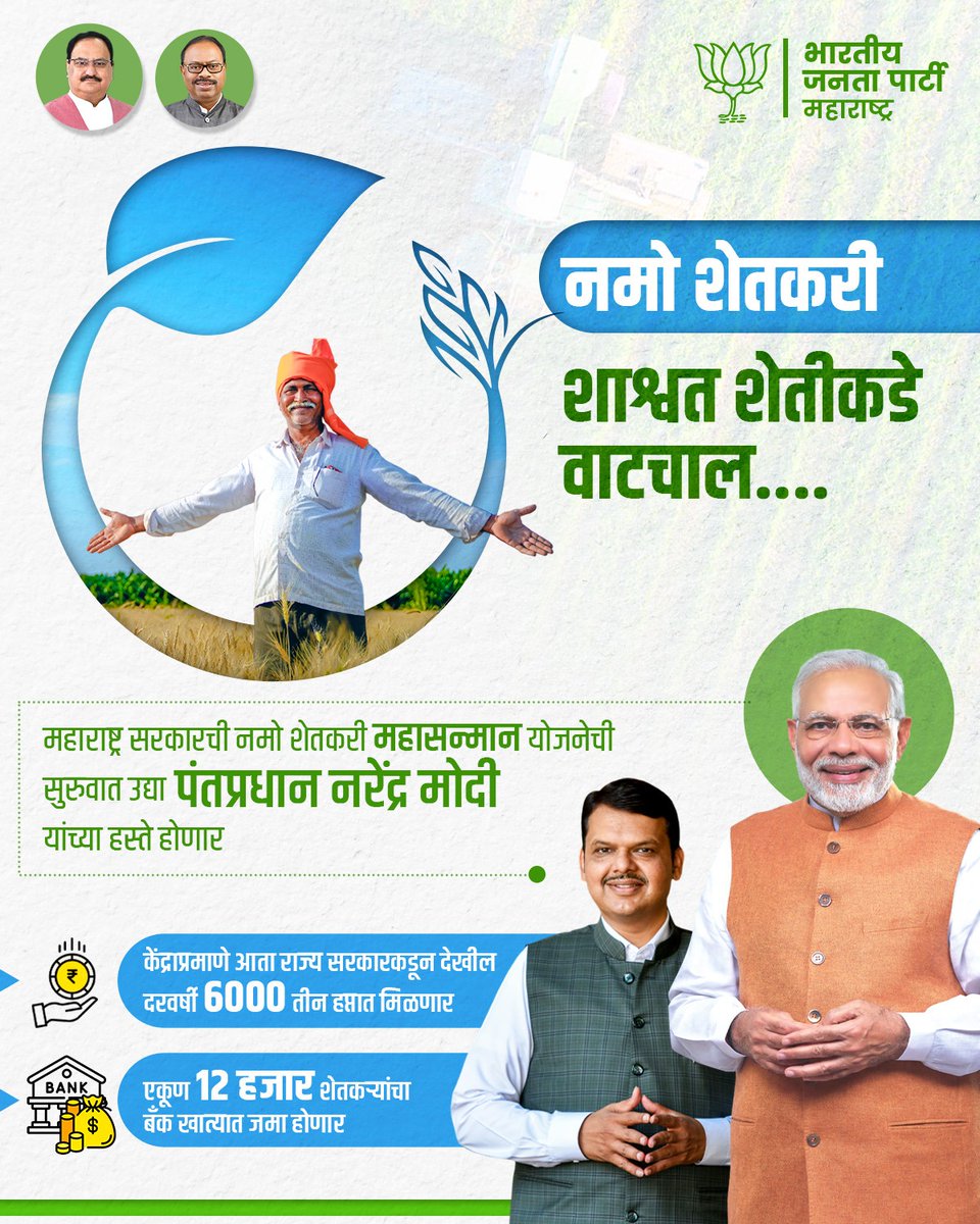 BJP4Maharashtra's tweet photo. महाराष्ट्र सरकारच्या नमो शेतकरी महासन्मान योजनेच्या माध्यमातून महाराष्ट्रातील शेतकऱ्यांच्या बँक खात्यात दरवर्षी १२०० हजार रुपये जमा होणार.
#ModiInShirdi #NarendraModiji #shirdi https://t.co/F7y8wtRH5M