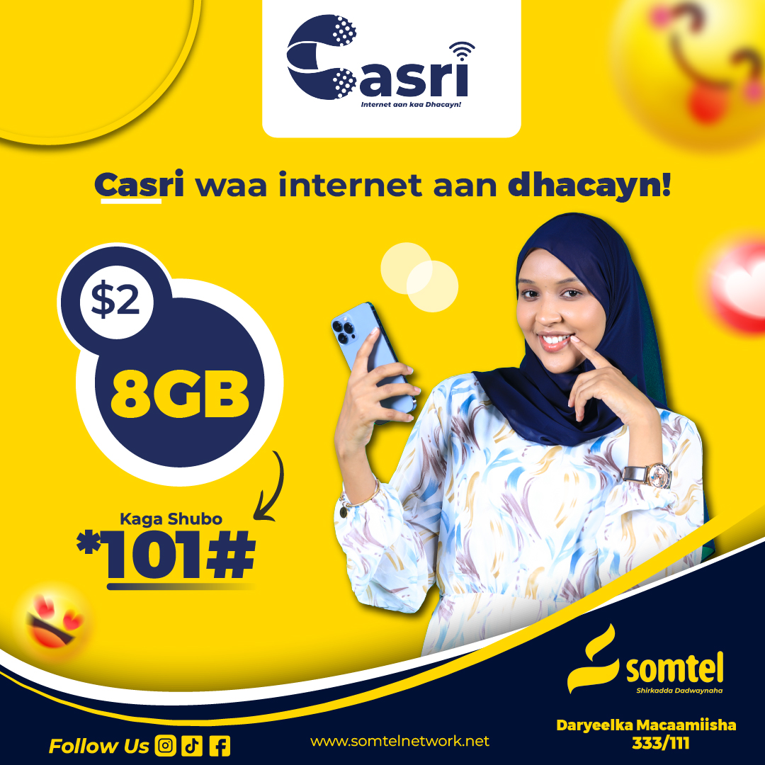 CASRI
Ku Shubo $2 oo hel 8 GB oo internet ah markii hore waxay ahayd 5GB waana Internet aan dhacayn inta hadhaa kugu jiro.

Macmiil kaga shubo *101# dooro Casri.

#Somtel #eDahab #Casri #Unlimited #HighSpeed #Data #4G